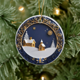 Goldene Kirchen im Scherenschnitt-Stil Sternennach Keramik Ornament