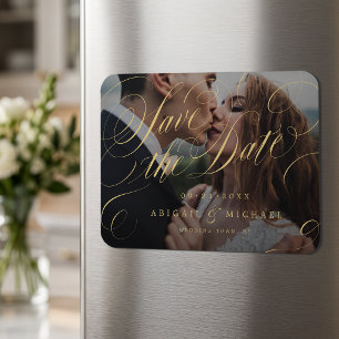Goldene klassische Kalligrafie-Foto-Save-the-Date- Magnet
