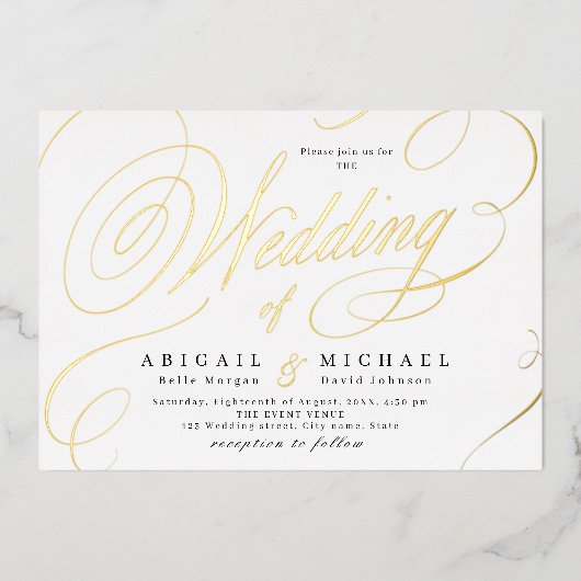 Goldene klassische Kalligrafie-Hochzeit Folieneinladung (Vorderseite)