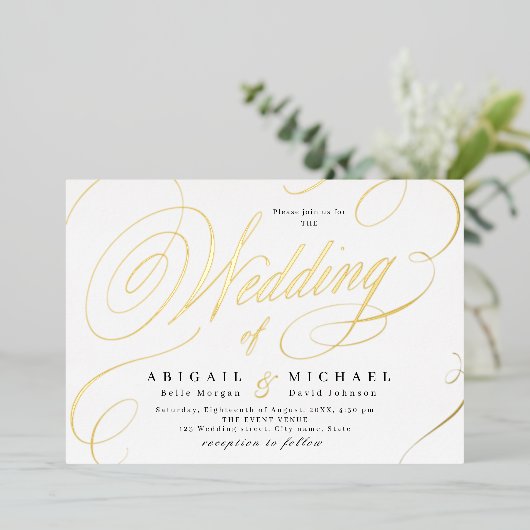 Goldene klassische Kalligrafie-Hochzeit Folieneinladung (Stehend vorne)