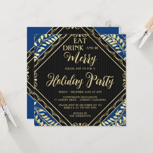 Goldene Kleider und Blauer Feiertag Einladung (Vorderseite/Rückseite Beispiel)