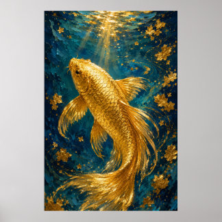 Goldene Koi Serenity | Luxuriöser Unterwasser-Gold Poster