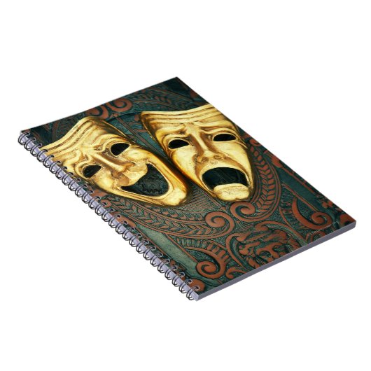 Goldene Komödie und Tragödien auf gemusterten Notizblock (Rechte Seite)