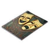 Goldene Komödie und Tragödien auf gemusterten Notizblock (Linke Seite)