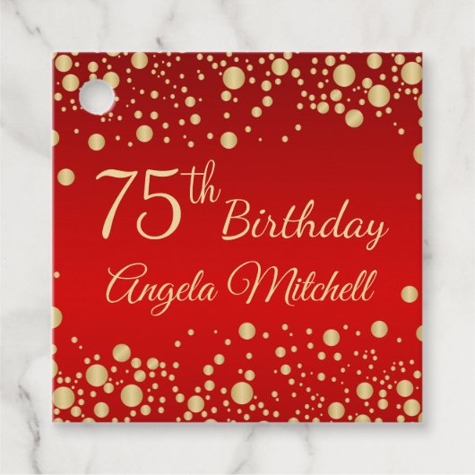 Goldene Konfetti am roten 75. Geburtstag Geschenkanhänger (Vorderseite)