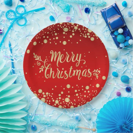 Goldene Konfetti auf rot Frohe Weihnachten Pappteller (Party)
