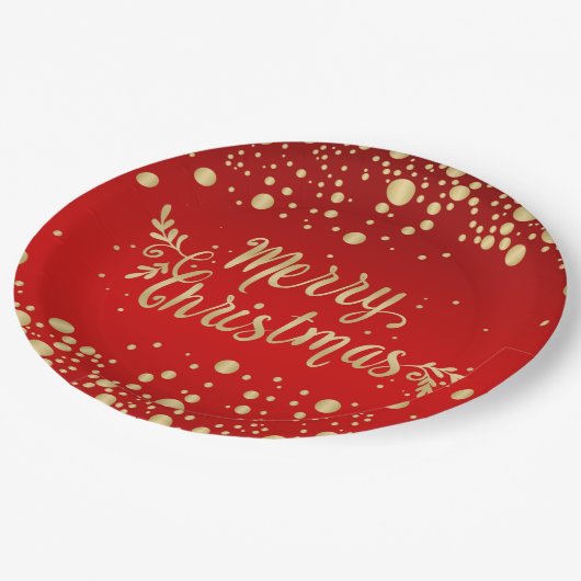 Goldene Konfetti auf rot Frohe Weihnachten Pappteller (Schrägansicht)
