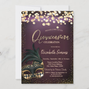 Goldene Konfetti-Maske Burgunder Quinceañera Einladung