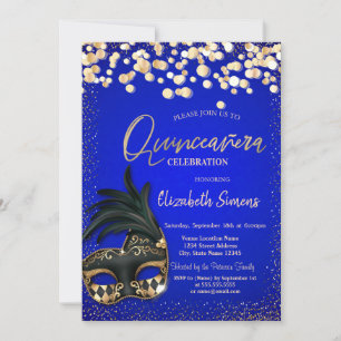 Goldene Konfetti-Maske Royalblau Quinceañera Einladung