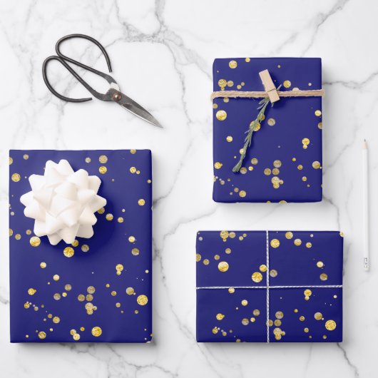 Goldene Konfetti-Punkte in Mitternachtsblau Geschenkpapier Set (Vorderseite)