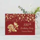 Goldene Konfetti, Rose am 100. Geburtstag Einladung (Stehend Vorderseite)