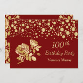 Goldene Konfetti, Rose am 100. Geburtstag Einladung (Vorne/Hinten)