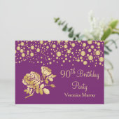 Goldene Konfetti, Rose am lila 90. Geburtstag Einladung (Stehend Vorderseite)