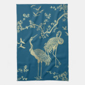 Goldene Krane Kunst, Blauer Hintergrund Geschirrtuch (Vertikal)