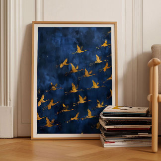 Goldene Kraniche Druck Vogel Druck Blau Wandkunst Poster