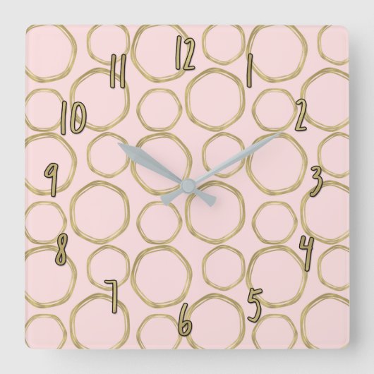 Goldene Kreise und rosafarbener Rosa Moderner, tre Quadratische Wanduhr (Vorderseite)