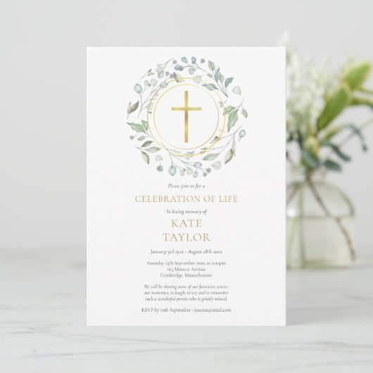 Goldene Kreuz Garland Feier des Lebens Einladung (Stehend Vorderseite)