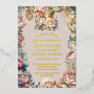 Goldene Kronant Blumen Quinceanera  Folieneinladung