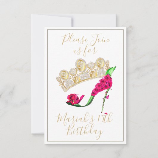 Goldene Krone, Blumenhain High Heel Shoe Einladung (Vorderseite)