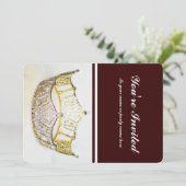 Goldene Krone und braune Metallic Einladung (Stehend Vorderseite)