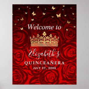 Goldene Kronen-Rote-Rosen-Quinceanera-Willkommensp Poster