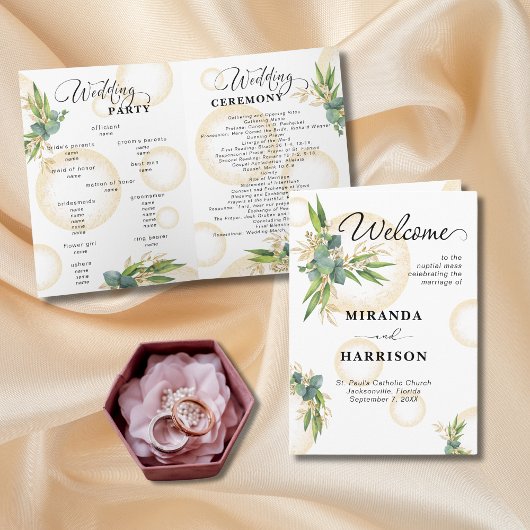 Goldene Kugeln und botanische Hochzeitsprogrammkar Karte