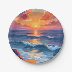 Goldene Küste Ozean Sonnenuntergang Aquarellmale Pappteller