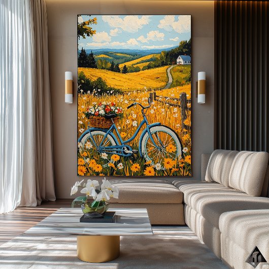 Goldene Landschaft - Naïf Rural Bicycle Art Poster