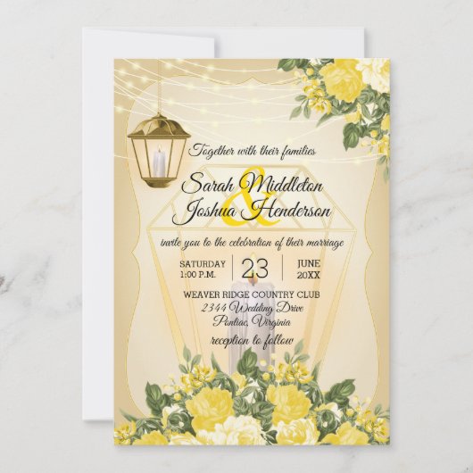 Goldene Lanterns und gelbe Blume Hochzeit Einladung (Vorderseite)