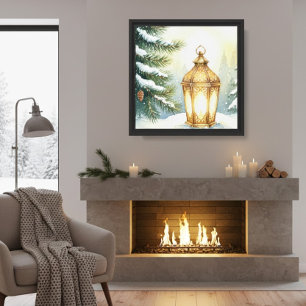 Goldene Laterne Winter Schnee Kiefer Wasserfarbe C Leinwanddruck