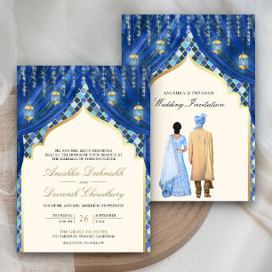 Goldene Laternen Blaues indisches Brautpaar Hochze Einladung