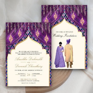 Goldene Laternen Lila Indisches Hochzeitspaar Einladung