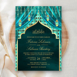 Goldene Laternen Teal-Vorhang Muslimische Hochzeit Einladung