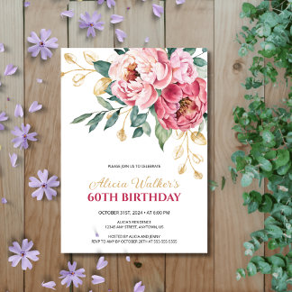 Goldene Leaf Grüne Rosa Pink Peony Birthday Einladung