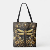 Goldene Libelle umgeben von Verzierter Blüte Tasche (Rückseite)