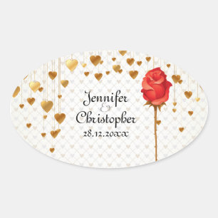 Goldene Liebe Herz und Rose Hochzeit Ovaler Aufkleber