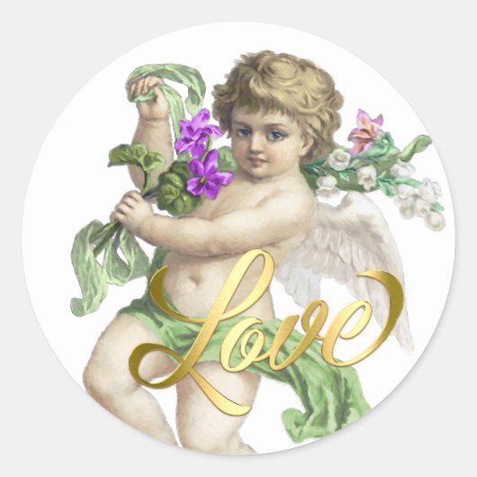 Goldene Liebe mit Cherub Rose Green Runder Aufkleber (Vorderseite)