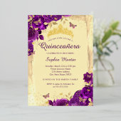 Goldene Lila Elegante Blütenschmetterling Quincean Folieneinladung (Stehend vorne)