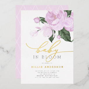 Goldene lila florale Mädchen-Baby-in-Bloom-Party Folieneinladung