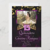 Goldene, Lila, rosa Quinceanera Einladung w/Tiara (Vorderseite)