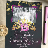 Goldene, Lila, rosa Quinceanera Einladung w/Tiara