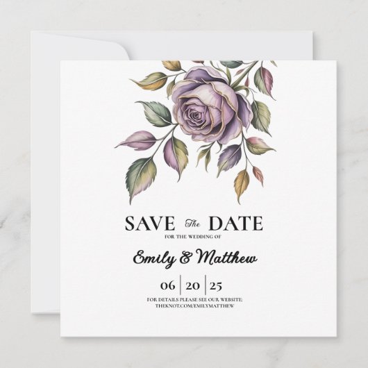 Goldene Lila Rose Designer Save the Date (Vorderseite)