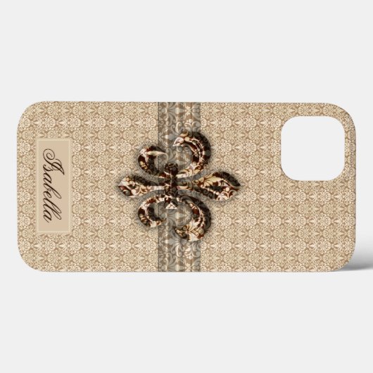 Goldene Lilie mit Cream Damask Muster Case-Mate iPhone Hülle (Rückseite (Horizontal))