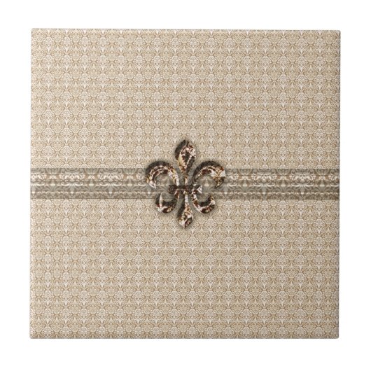 Goldene Lilie mit Cream Damask Muster Fliese (Vorderseite)