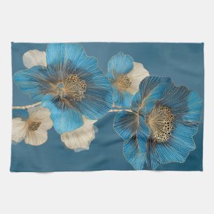 Goldene Linienkunst Blaue Botanische Mohnblumen Fl Geschirrtuch