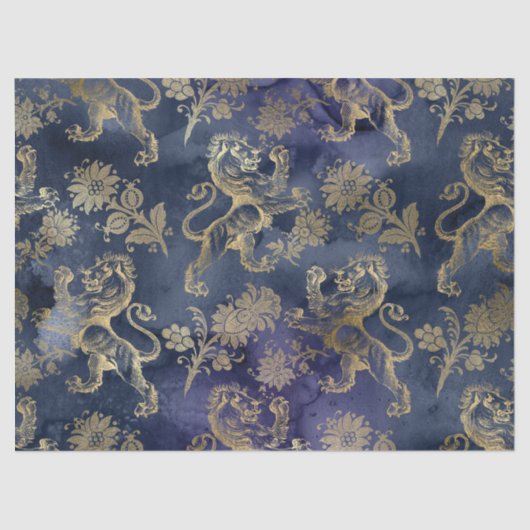 Goldene Löwen und Blume auf Lila Decoupage Seidenpapier (Vorderseite)