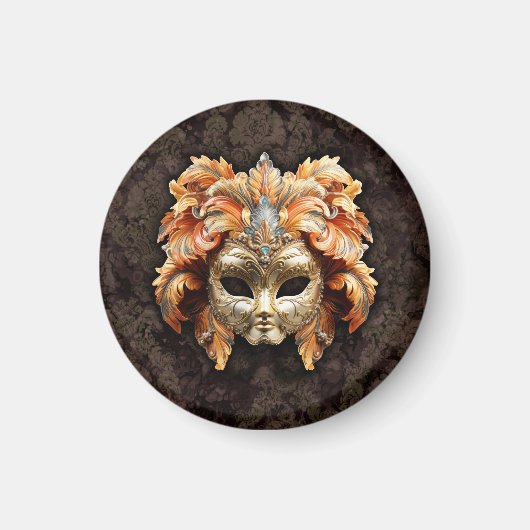 Goldene Löwenmaske mit orangen Federn Magnet (Vorne)