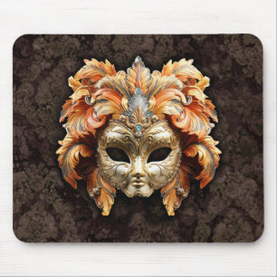 Goldene Löwenmaske mit orangen Federn Mousepad