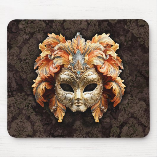 Goldene Löwenmaske mit orangen Federn Mousepad (Vorne)