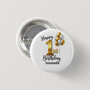 Goldene Luftballons 1. Geburtstag Pinback-Button Button